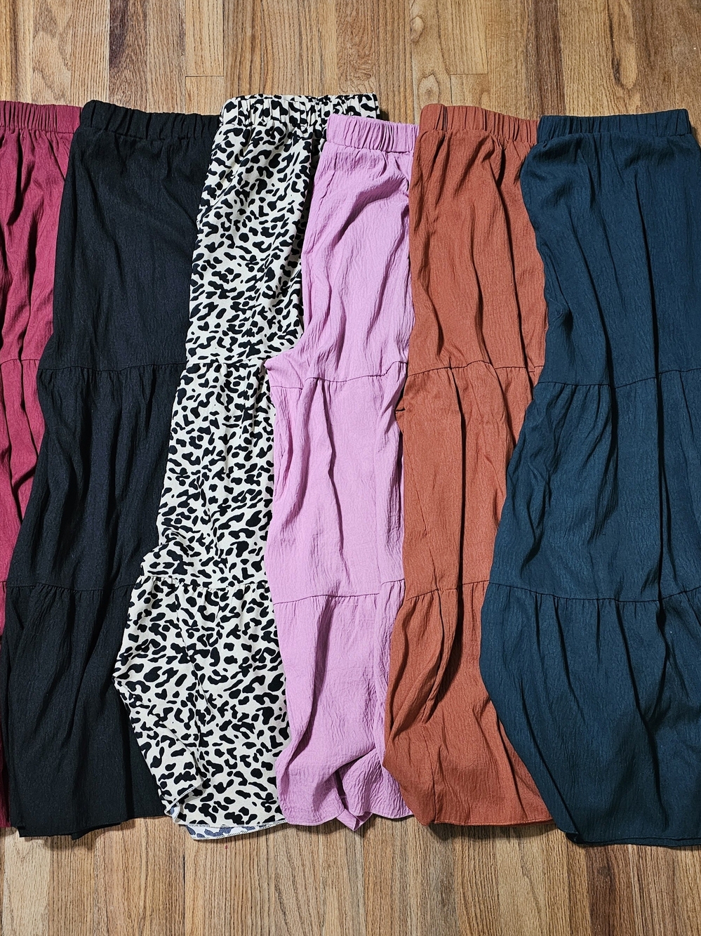 Mixed Color Tiered Pants - Magenta, Black, Leopard, Rust, Teal